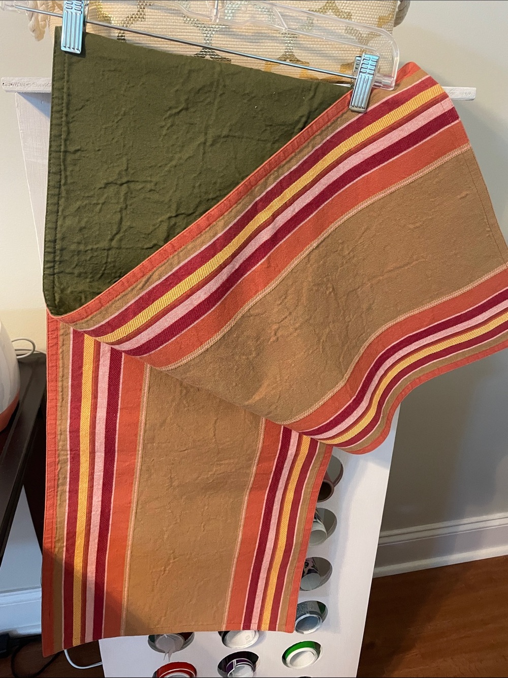 Reversible solid/Striped Table Runner in Olive, Terracotta & Pink Tones